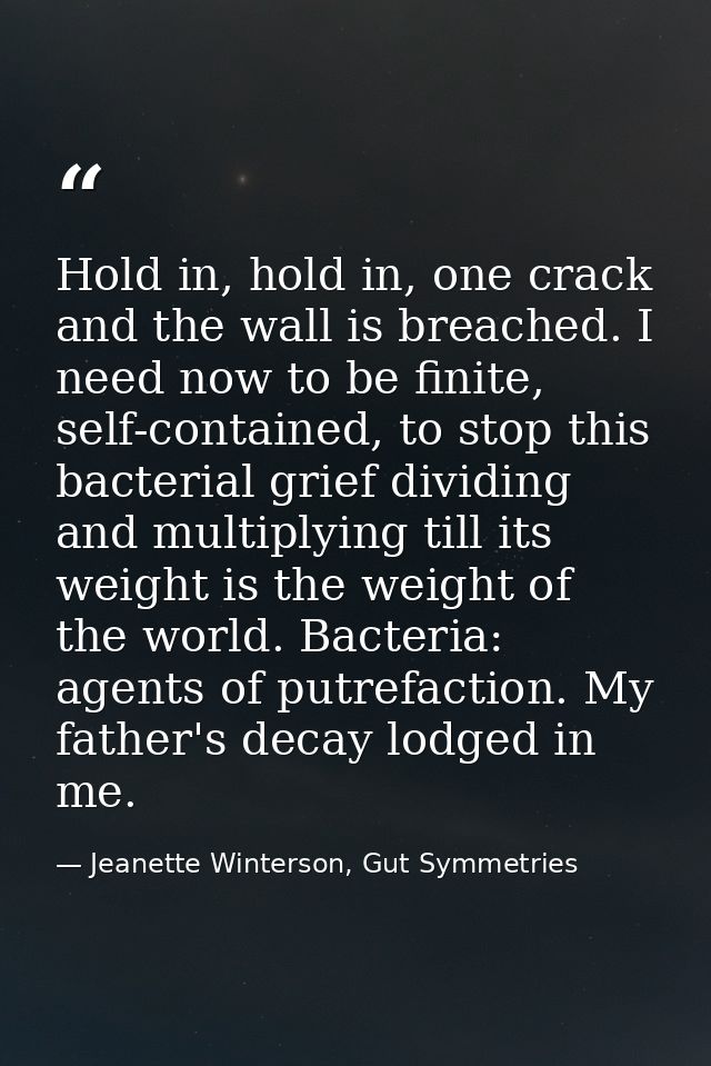 Hold in, hold in, one crack and the wall is breached. I need now to be finite, self-contained, to stop this bacterial gr — Jeanette Winterson, Gut Symmetries