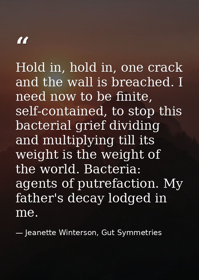 Hold in, hold in, one crack and the wall is breached. I need now to be finite, self-contained, to stop this bacterial gr — Jeanette Winterson, Gut Symmetries