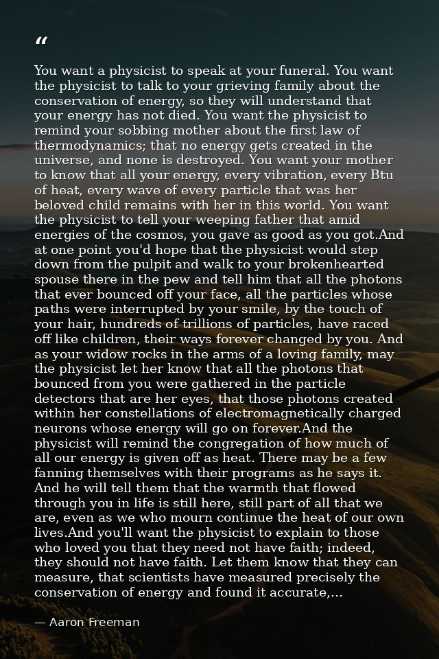 You want a physicist to speak at your funeral. You want the physicist to talk to your grieving family about the conserva — Aaron Freeman