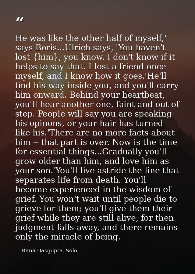 He was like the other half of myself,' says Boris...Ulrich says, 'You haven't lost {him}, you know. I don't know if it h — Rana Dasgupta, Solo