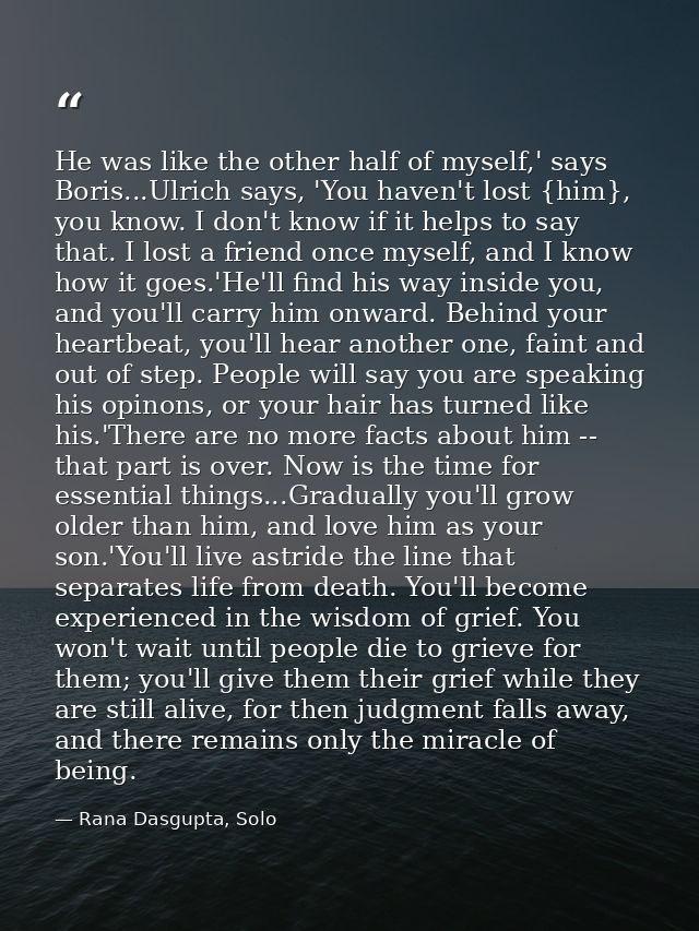 He was like the other half of myself,' says Boris...Ulrich says, 'You haven't lost {him}, you know. I don't know if it h — Rana Dasgupta, Solo