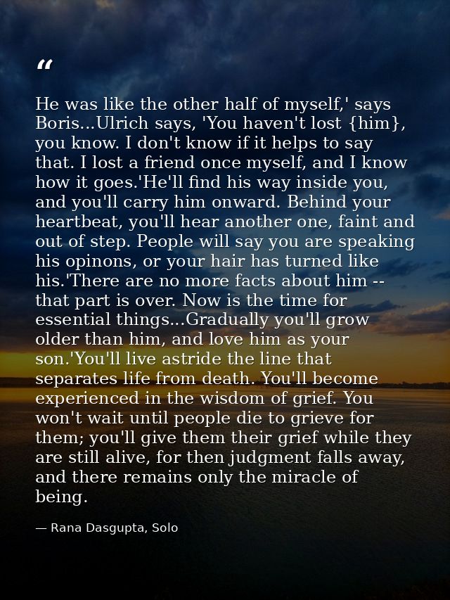 He was like the other half of myself,' says Boris...Ulrich says, 'You haven't lost {him}, you know. I don't know if it h — Rana Dasgupta, Solo