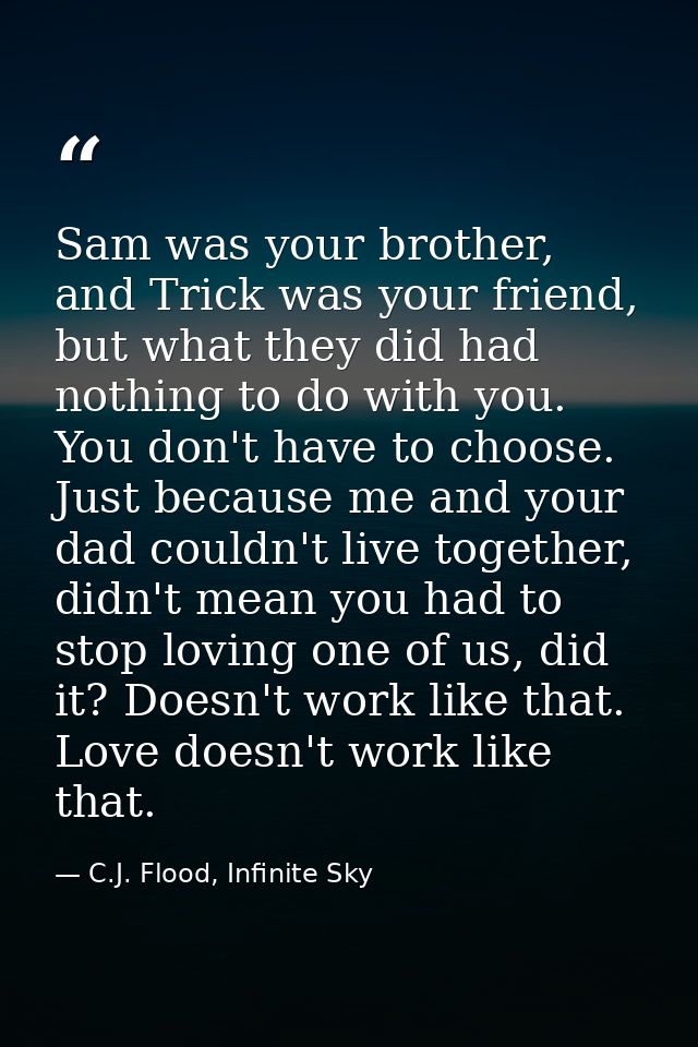 Sam was your brother, and Trick was your friend, but what they did had nothing to do with you. You don't have to choose. — C.J. Flood, Infinite Sky