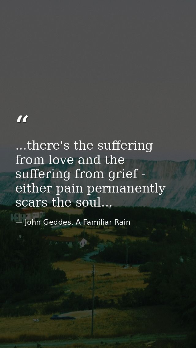 ...there's the suffering from love and the suffering from grief - either pain permanently scars the soul... — John Geddes, A Familiar Rain