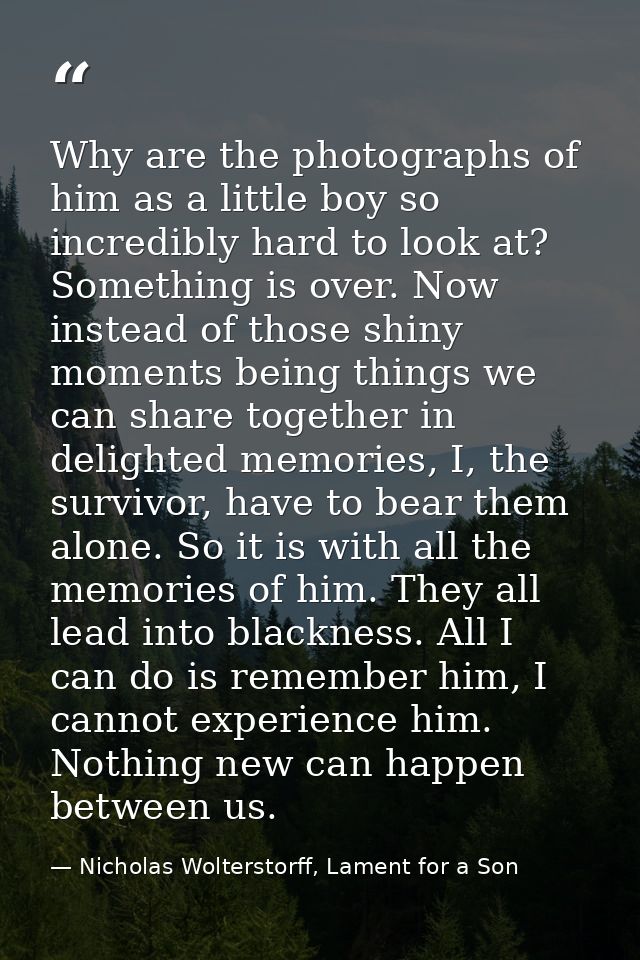 Why are the photographs of him as a little boy so incredibly hard to look at? Something is over. Now instead of those sh — Nicholas Wolterstorff, Lament for a Son