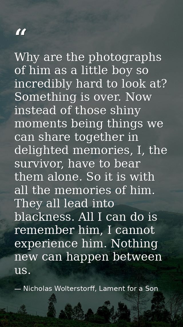 Why are the photographs of him as a little boy so incredibly hard to look at? Something is over. Now instead of those sh — Nicholas Wolterstorff, Lament for a Son