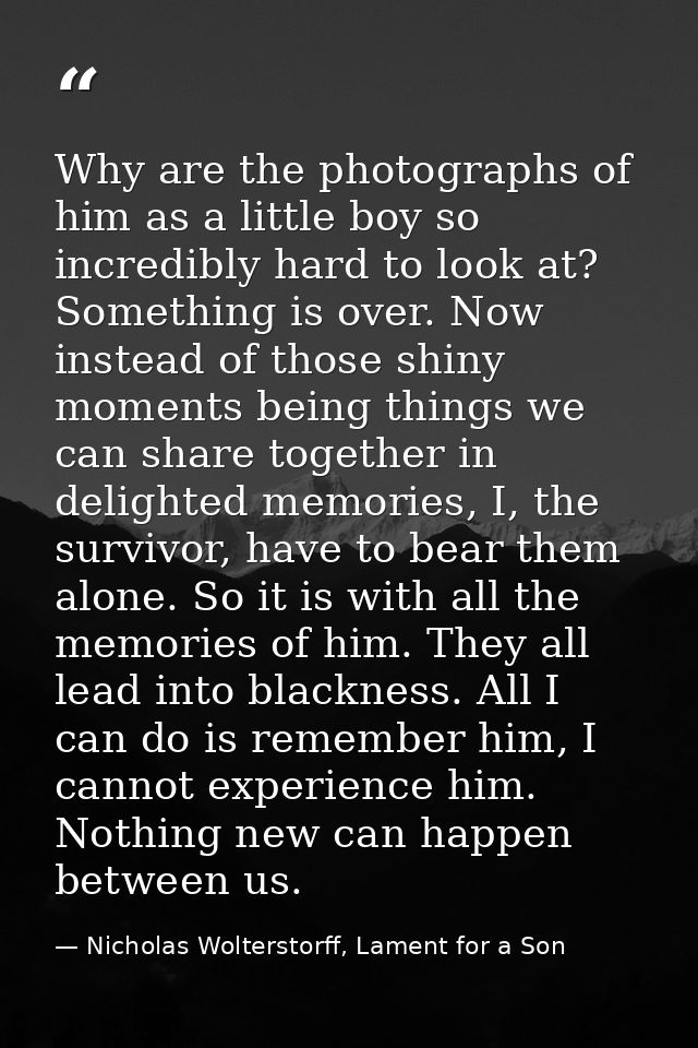 Why are the photographs of him as a little boy so incredibly hard to look at? Something is over. Now instead of those sh — Nicholas Wolterstorff, Lament for a Son