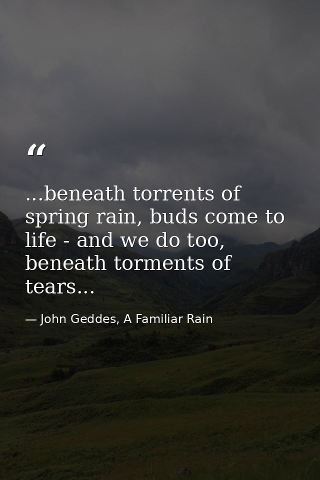 ...beneath torrents of spring rain, buds come to life - and we do too, beneath torments of tears... — John Geddes, A Familiar Rain