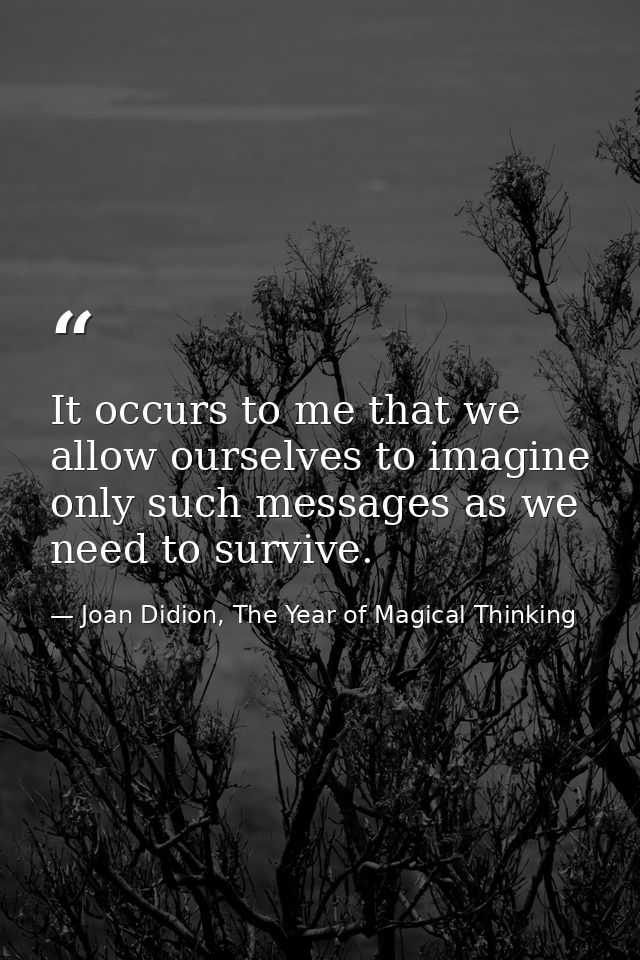 It occurs to me that we allow ourselves to imagine only such messages as we need to survive. — Joan Didion, The Year of Magical Thinking