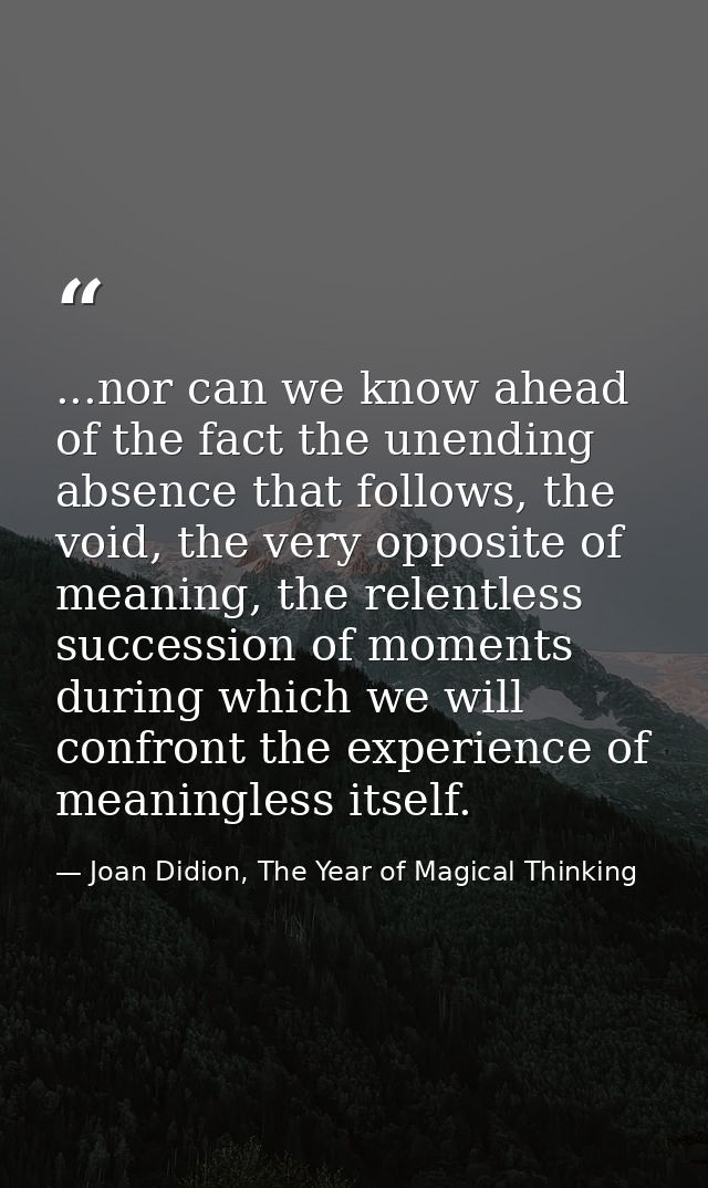 ...nor can we know ahead of the fact the unending absence that follows, the void, the very opposite of meaning, the rele — Joan Didion, The Year of Magical Thinking