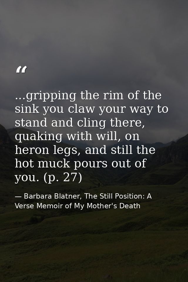 ...gripping the rim of the sink you claw your way to stand and cling there, quaking with will, on heron legs, and still  — Barbara Blatner, The Still Position: A Verse Memoir of My Mother's Death