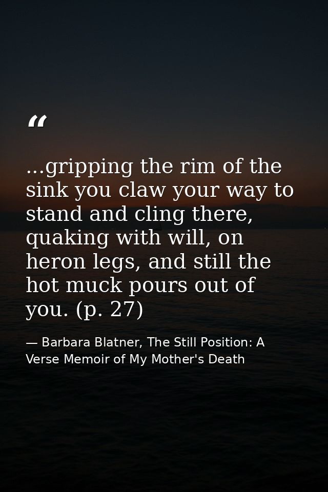 ...gripping the rim of the sink you claw your way to stand and cling there, quaking with will, on heron legs, and still  — Barbara Blatner, The Still Position: A Verse Memoir of My Mother's Death