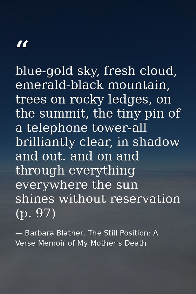 blue-gold sky, fresh cloud, emerald-black mountain, trees on rocky ledges, on the summit, the tiny pin of a telephone to — Barbara Blatner, The Still Position: A Verse Memoir of My Mother's Death