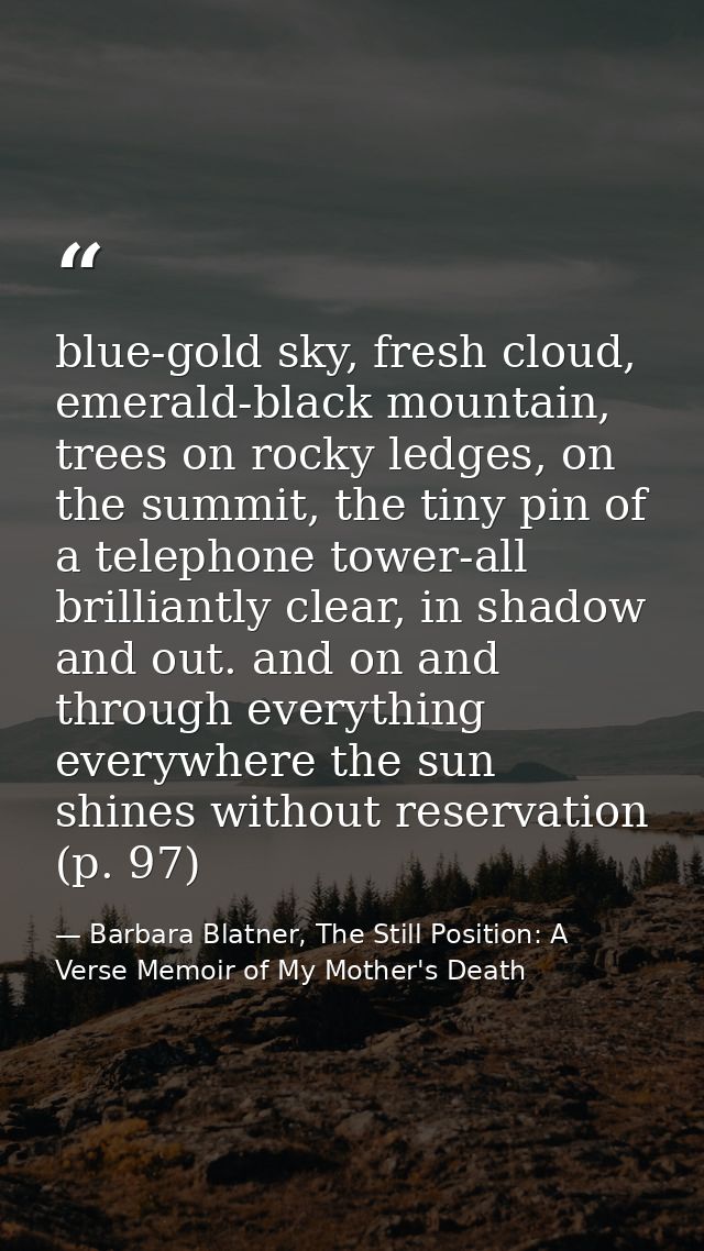 blue-gold sky, fresh cloud, emerald-black mountain, trees on rocky ledges, on the summit, the tiny pin of a telephone to — Barbara Blatner, The Still Position: A Verse Memoir of My Mother's Death
