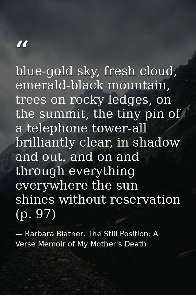 blue-gold sky, fresh cloud, emerald-black mountain, trees on rocky ledges, on the summit, the tiny pin of a telephone to — Barbara Blatner, The Still Position: A Verse Memoir of My Mother's Death