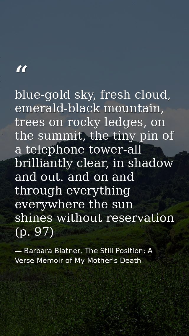blue-gold sky, fresh cloud, emerald-black mountain, trees on rocky ledges, on the summit, the tiny pin of a telephone to — Barbara Blatner, The Still Position: A Verse Memoir of My Mother's Death