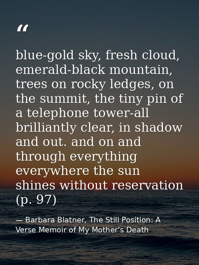 blue-gold sky, fresh cloud, emerald-black mountain, trees on rocky ledges, on the summit, the tiny pin of a telephone to — Barbara Blatner, The Still Position: A Verse Memoir of My Mother's Death