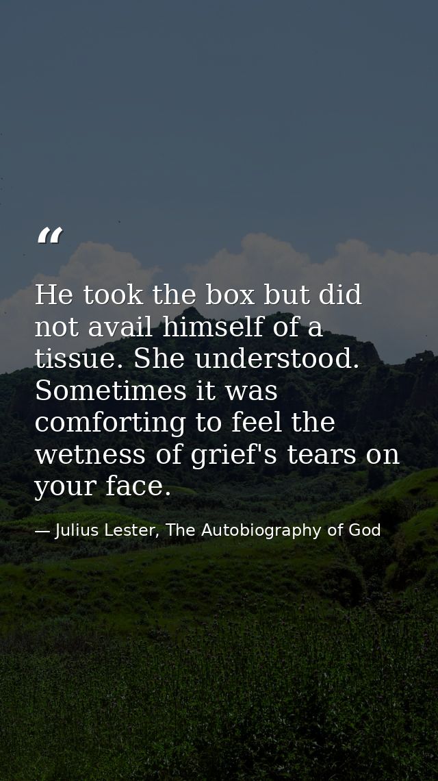 He took the box but did not avail himself of a tissue. She understood. Sometimes it was comforting to feel the wetness o — Julius Lester, The Autobiography of God