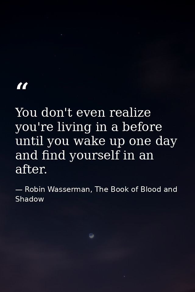 You don't even realize you're living in a before until you wake up one day and find yourself in an after. — Robin Wasserman, The Book of Blood and Shadow