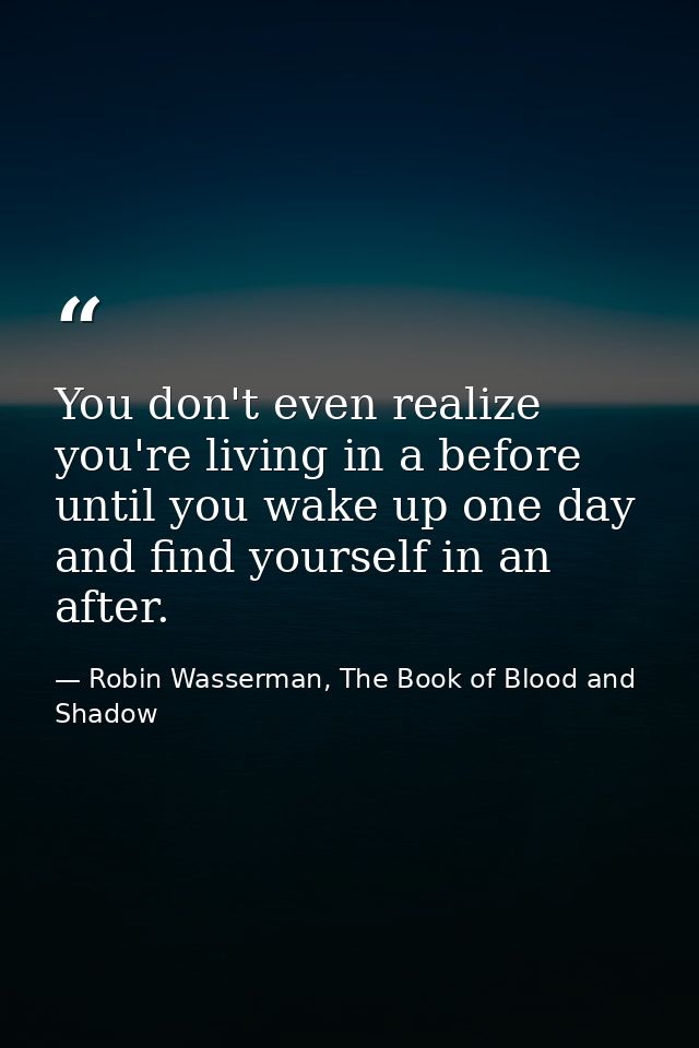 You don't even realize you're living in a before until you wake up one day and find yourself in an after. — Robin Wasserman, The Book of Blood and Shadow