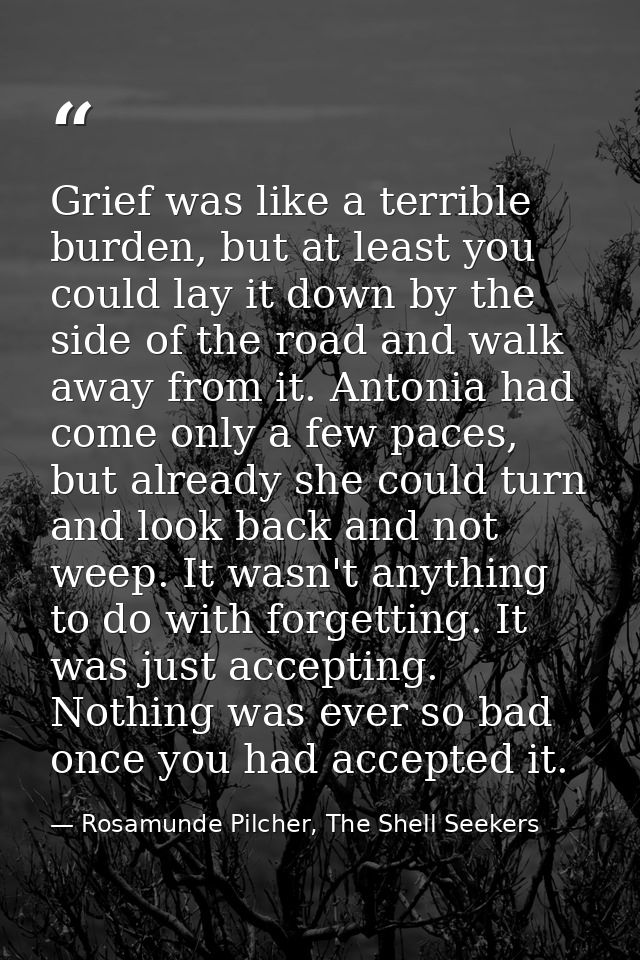 Grief was like a terrible burden, but at least you could lay it down by the side of the road and walk away from it. Anto — Rosamunde Pilcher, The Shell Seekers