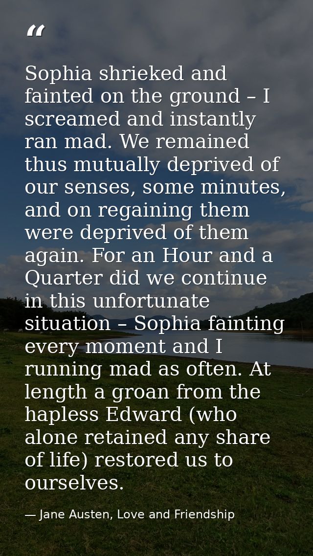 Sophia shrieked and fainted on the ground – I screamed and instantly ran mad. We remained thus mutually deprived of our  — Jane Austen, Love and Friendship