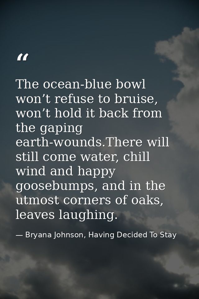The ocean-blue bowl won’t refuse to bruise, won’t hold it back from the gaping earth-wounds.There will still come water, — Bryana Johnson, Having Decided To Stay