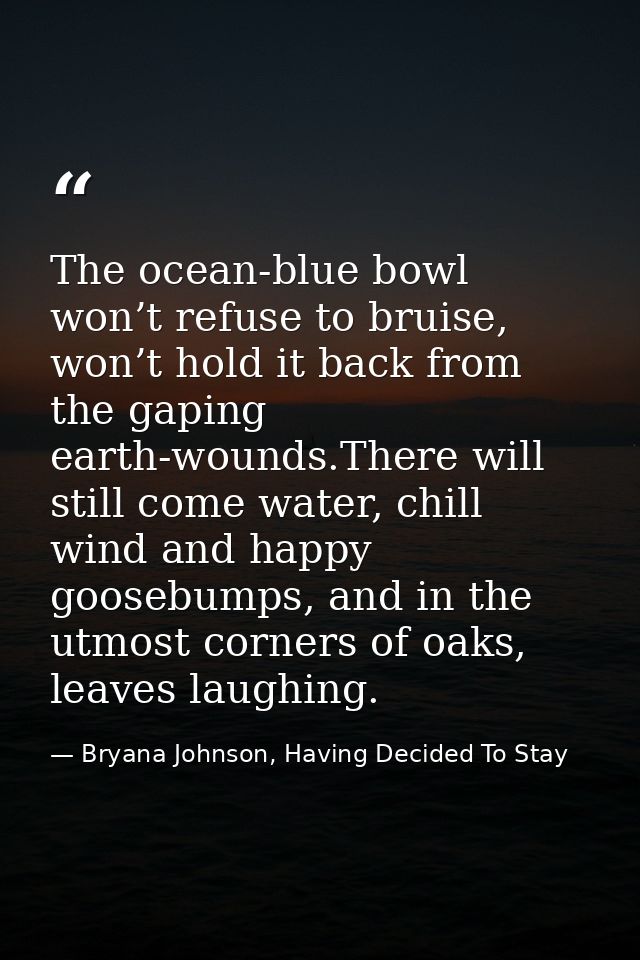 The ocean-blue bowl won’t refuse to bruise, won’t hold it back from the gaping earth-wounds.There will still come water, — Bryana Johnson, Having Decided To Stay