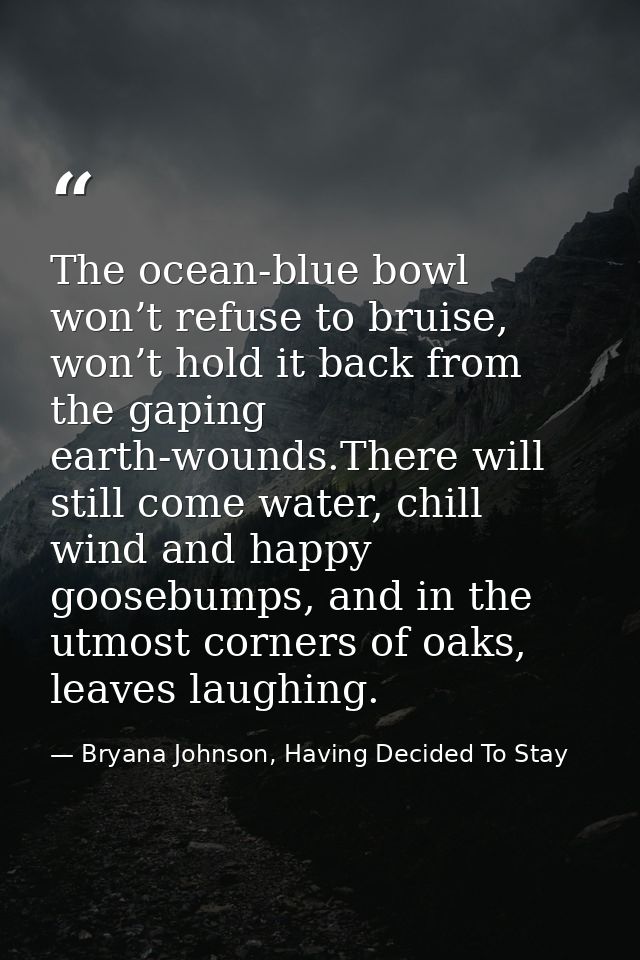 The ocean-blue bowl won’t refuse to bruise, won’t hold it back from the gaping earth-wounds.There will still come water, — Bryana Johnson, Having Decided To Stay
