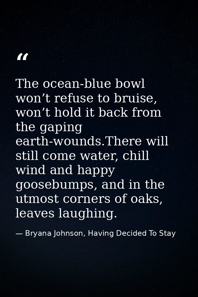The ocean-blue bowl won’t refuse to bruise, won’t hold it back from the gaping earth-wounds.There will still come water, — Bryana Johnson, Having Decided To Stay