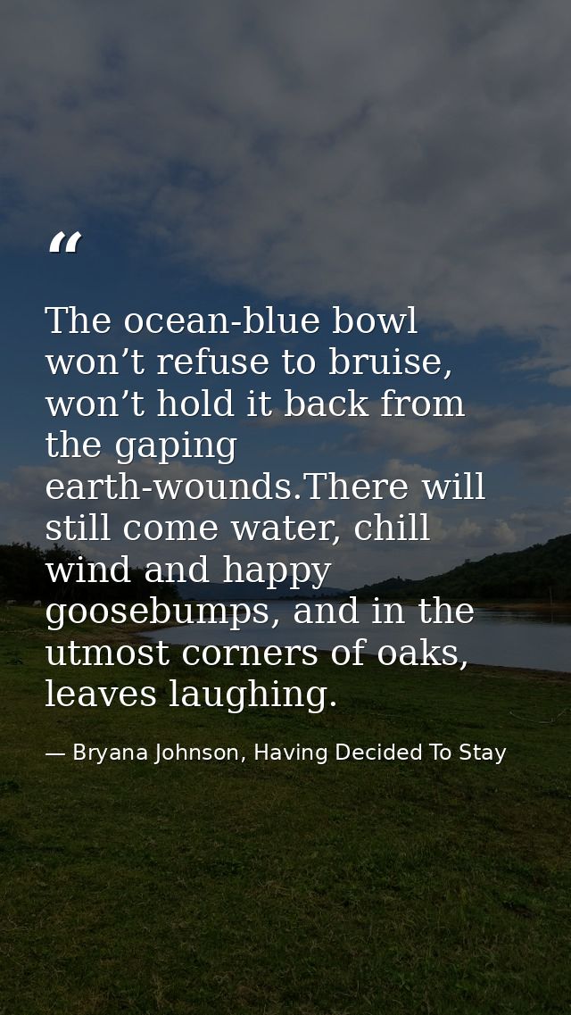 The ocean-blue bowl won’t refuse to bruise, won’t hold it back from the gaping earth-wounds.There will still come water, — Bryana Johnson, Having Decided To Stay