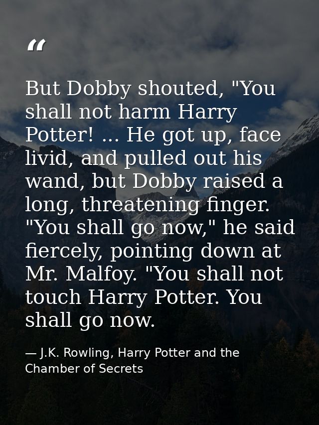 But Dobby shouted, "You shall not harm Harry Potter! ... He got up, face livid, and pulled out his wand, but Dobby raise — J.K. Rowling, Harry Potter and the Chamber of Secrets