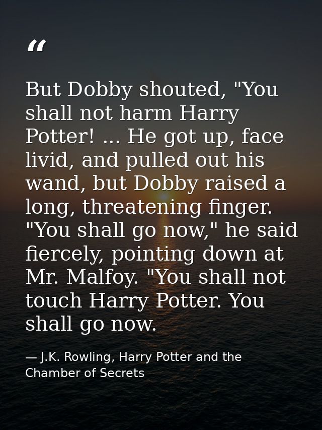 But Dobby shouted, "You shall not harm Harry Potter! ... He got up, face livid, and pulled out his wand, but Dobby raise — J.K. Rowling, Harry Potter and the Chamber of Secrets