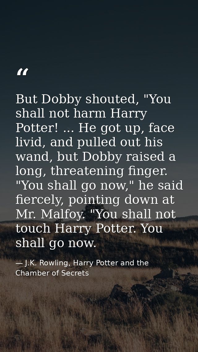 But Dobby shouted, "You shall not harm Harry Potter! ... He got up, face livid, and pulled out his wand, but Dobby raise — J.K. Rowling, Harry Potter and the Chamber of Secrets