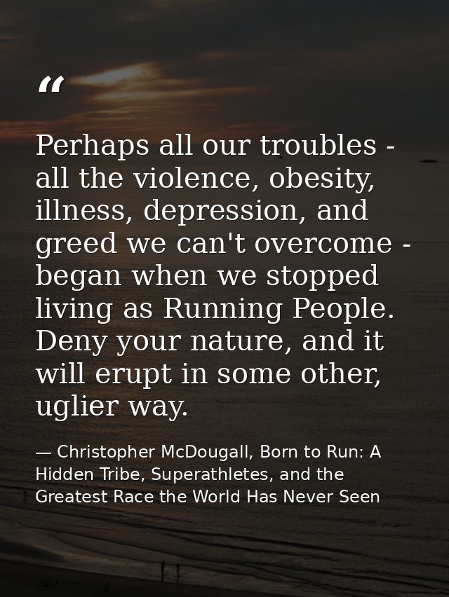 Perhaps all our troubles - all the violence, obesity, illness, depression, and greed we can't overcome - began when we s — Christopher McDougall, Born to Run: A Hidden Tribe, Superathletes, and the Greatest Race the World Has Never Seen