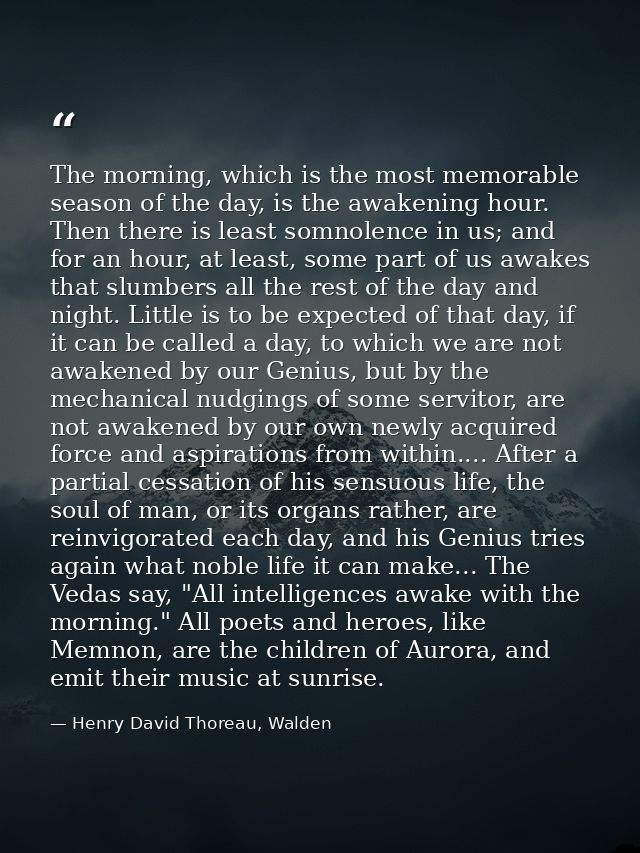 The morning, which is the most memorable season of the day, is the awakening hour. Then there is least somnolence in us; — Henry David Thoreau, Walden