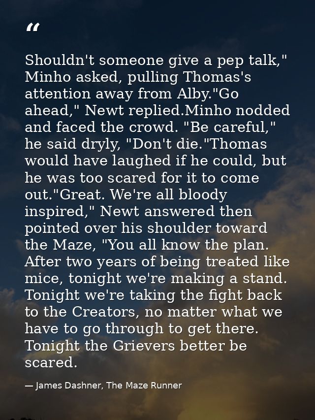 Shouldn't someone give a pep talk," Minho asked, pulling Thomas's attention away from Alby."Go ahead," Newt replied.Minh — James Dashner, The Maze Runner
