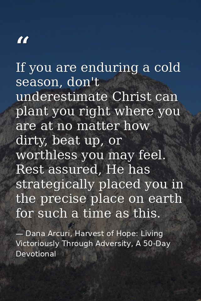 If you are enduring a cold season, don't underestimate Christ can plant you right where you are at no matter how dirty,  — Dana Arcuri, Harvest of Hope: Living Victoriously Through Adversity, A 50-Day Devotional