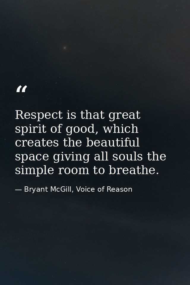 Respect is that great spirit of good, which creates the beautiful space giving all souls the simple room to breathe. — Bryant McGill, Voice of Reason