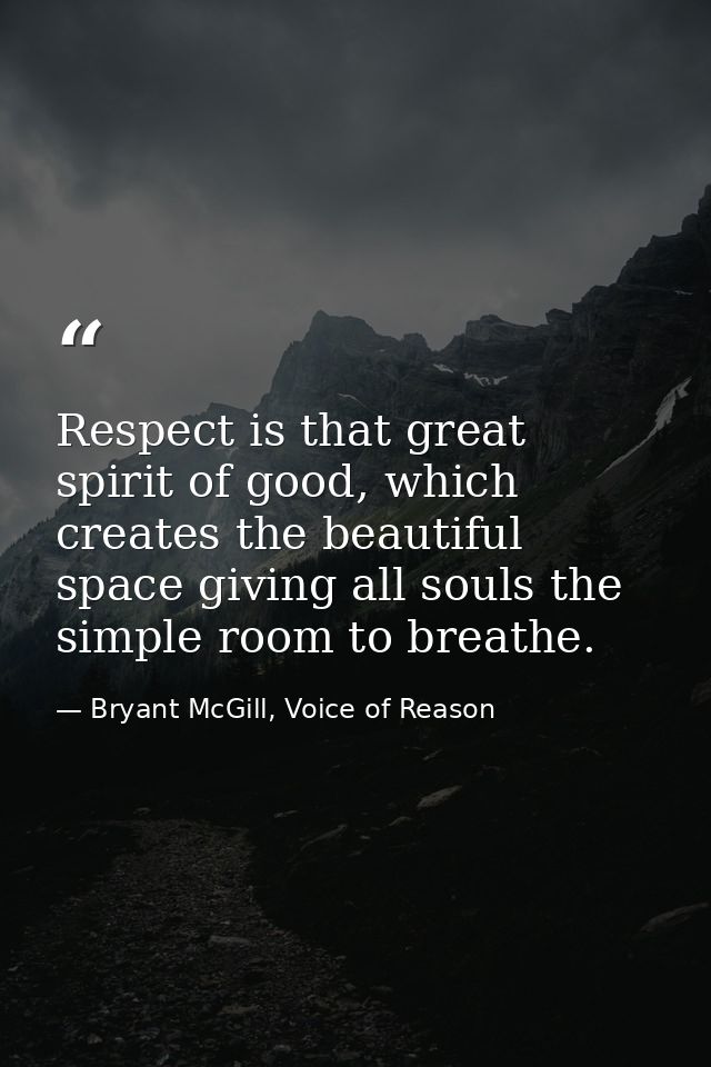 Respect is that great spirit of good, which creates the beautiful space giving all souls the simple room to breathe. — Bryant McGill, Voice of Reason