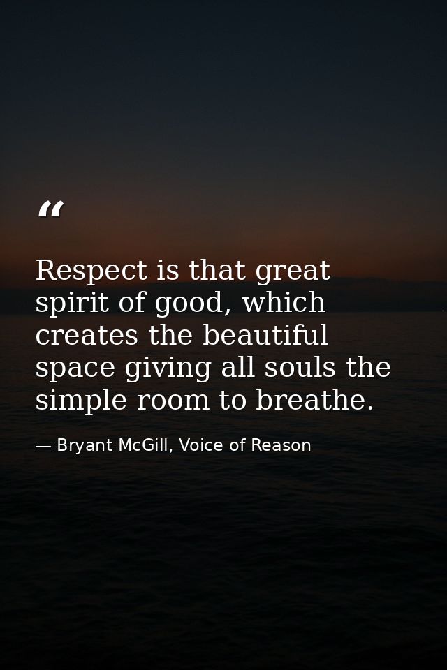 Respect is that great spirit of good, which creates the beautiful space giving all souls the simple room to breathe. — Bryant McGill, Voice of Reason