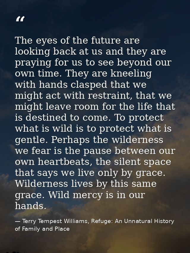 The eyes of the future are looking back at us and they are praying for us to see beyond our own time. They are kneeling  — Terry Tempest Williams, Refuge: An Unnatural History of Family and Place