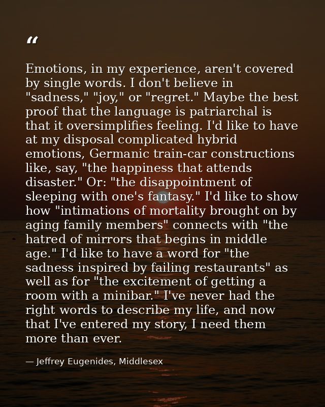 Emotions, in my experience, aren't covered by single words. I don't believe in "sadness," "joy," or "regret." Maybe the  — Jeffrey Eugenides, Middlesex