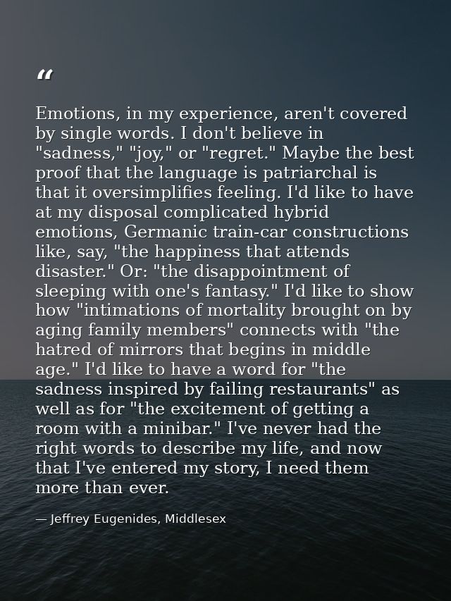 Emotions, in my experience, aren't covered by single words. I don't believe in "sadness," "joy," or "regret." Maybe the  — Jeffrey Eugenides, Middlesex