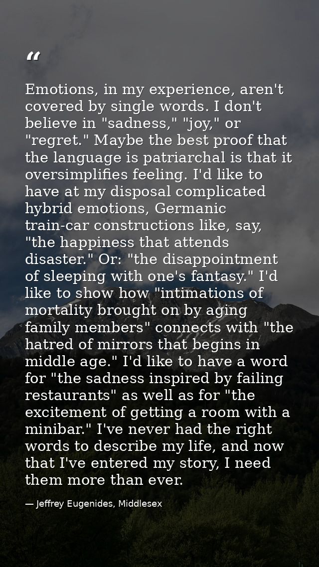Emotions, in my experience, aren't covered by single words. I don't believe in "sadness," "joy," or "regret." Maybe the  — Jeffrey Eugenides, Middlesex