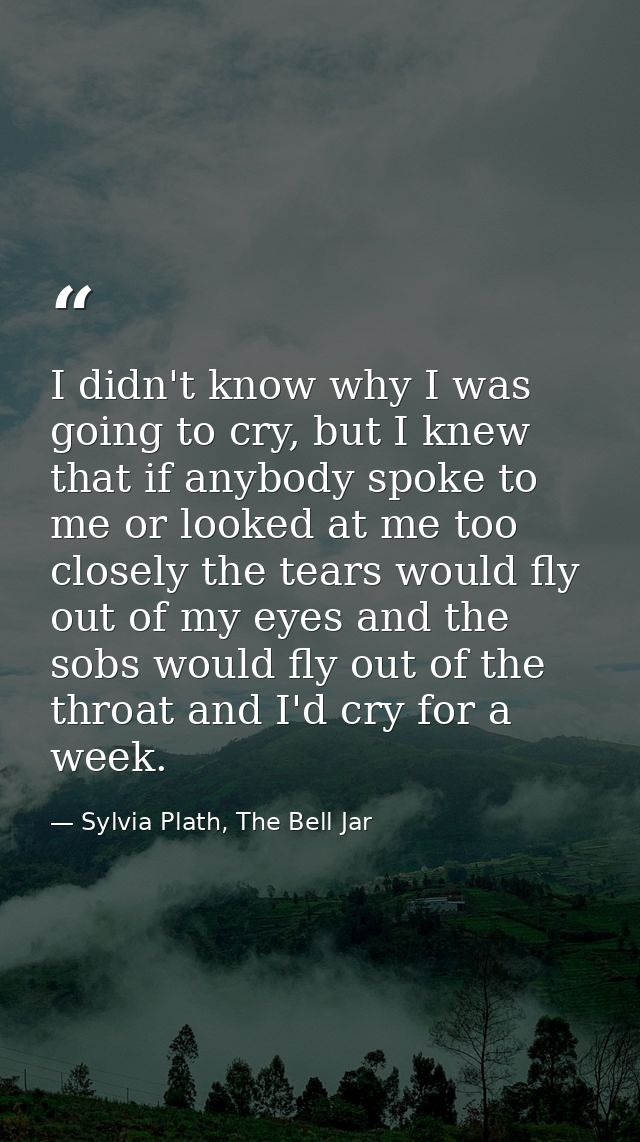 I didn't know why I was going to cry, but I knew that if anybody spoke to me or looked at me too closely the tears would — Sylvia Plath, The Bell Jar
