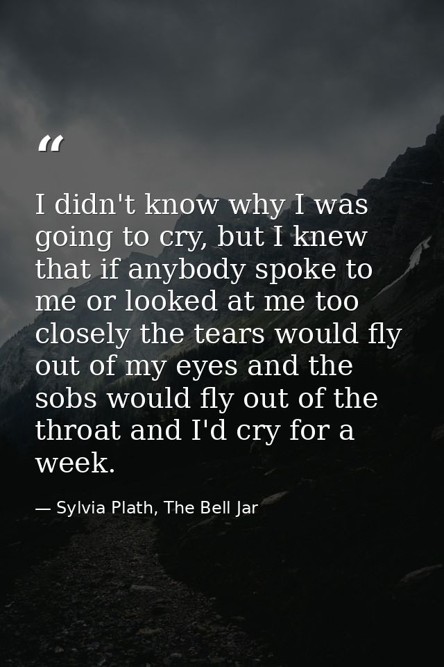I didn't know why I was going to cry, but I knew that if anybody spoke to me or looked at me too closely the tears would — Sylvia Plath, The Bell Jar