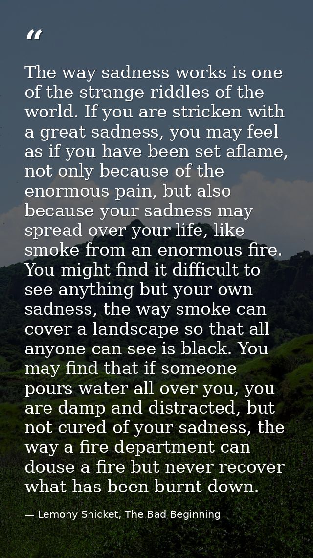 The way sadness works is one of the strange riddles of the world. If you are stricken with a great sadness, you may feel — Lemony Snicket, The Bad Beginning