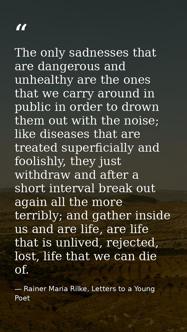 The only sadnesses that are dangerous and unhealthy are the ones that we carry around in public in order to drown them o — Rainer Maria Rilke, Letters to a Young Poet
