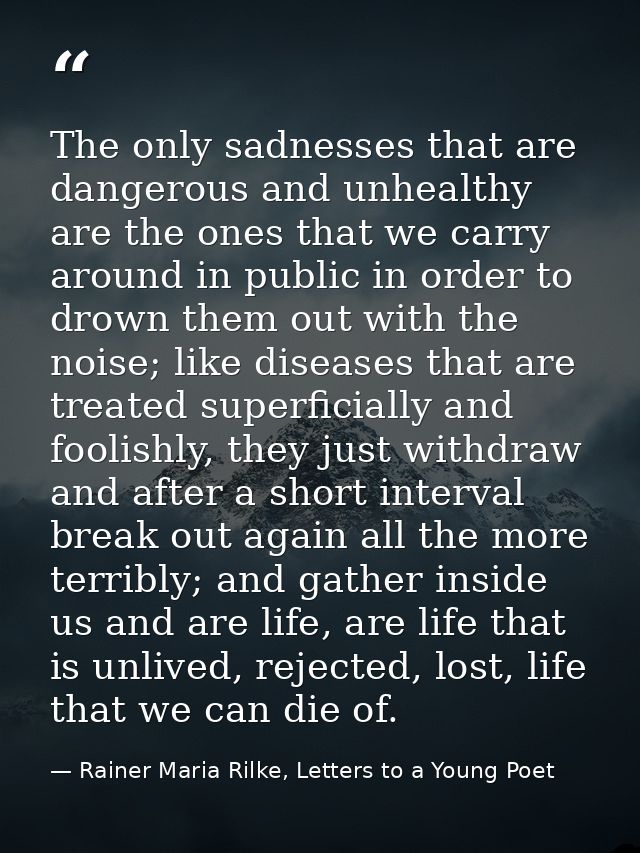 The only sadnesses that are dangerous and unhealthy are the ones that we carry around in public in order to drown them o — Rainer Maria Rilke, Letters to a Young Poet